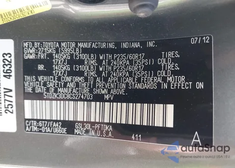 2012 Toyota Sienna Base V6 7 Passenger z USA, uszkodzony, nr VIN 5TDZK3DC8CS274703
